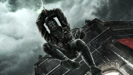 HD PC desktop wallpaper featuring Corvo Attano from the video game Dishonored, poised in a dynamic rooftop scene under a stormy sky.