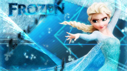 HD desktop wallpaper featuring Elsa from the movie Frozen, with a dynamic icy blue background and the title Frozen prominently displayed.