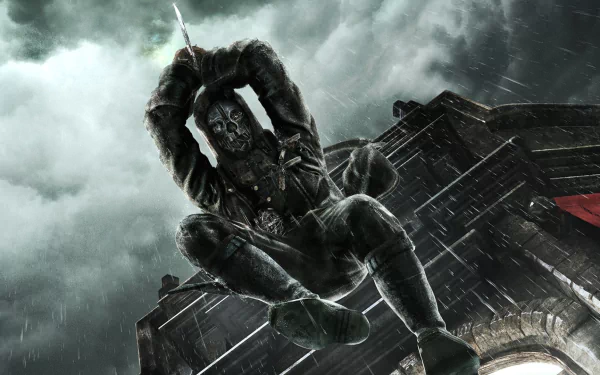 HD PC desktop wallpaper featuring Corvo Attano from the video game Dishonored, poised in a dynamic rooftop scene under a stormy sky.