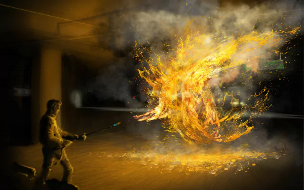 2K Quad HD PC desktop wallpaper from the movie The Darkest Hour (2011): a lone man in a dim parking garage faces a fiery, swirling alien-like apparition.