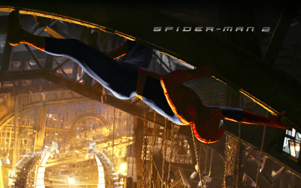 A dynamic HD desktop wallpaper featuring Spider-Man in action from the movie Spider-Man 2, showcasing his iconic suit and web-slinging pose against a vibrant backdrop.