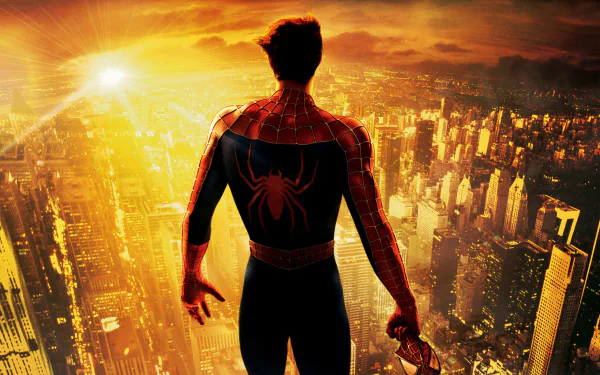 A stunning HD wallpaper from Spider-Man 2, featuring Spider-Man overlooking a city skyline at sunset, embodying strength and heroism in a vibrant urban landscape.