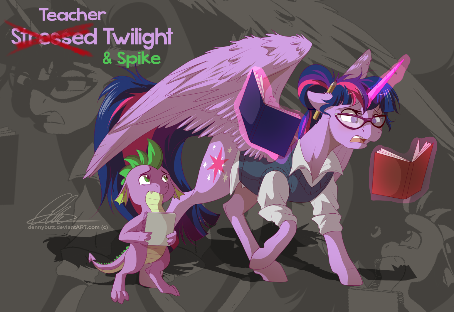 A vibrant HD wallpaper featuring Spike and Twilight Sparkle from *My Little Pony: Friendship Is Magic*, capturing their playful interaction in a humorous classroom setting.