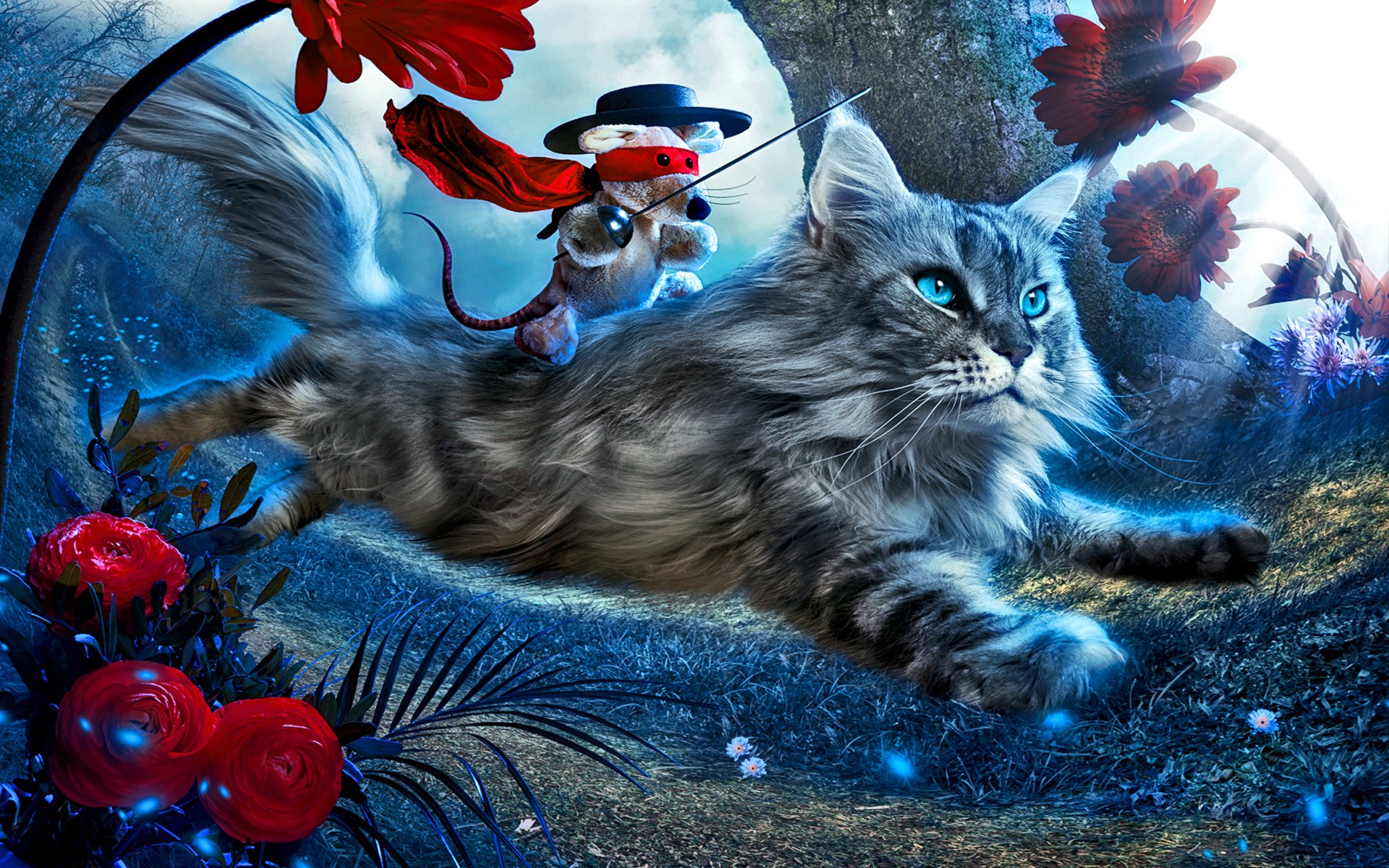 A whimsical CGI scene featuring a cat with striking blue eyes, leaping through a vibrant landscape, while a small character in a hat and cape rides atop, surrounded by colorful flowers.