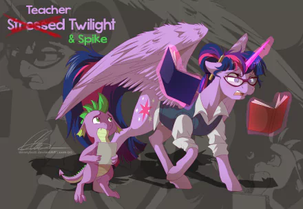 A vibrant HD wallpaper featuring Spike and Twilight Sparkle from *My Little Pony: Friendship Is Magic*, capturing their playful interaction in a humorous classroom setting.