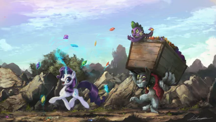 HD desktop wallpaper from the TV show My Little Pony: Friendship Is Magic featuring Spike and Rarity amidst a rocky landscape with colorful gems flying around.