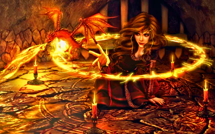 A captivating fantasy scene featuring a woman casting magic with a small dragon, surrounded by glowing runes and candles, designed as a high-definition PC desktop wallpaper.