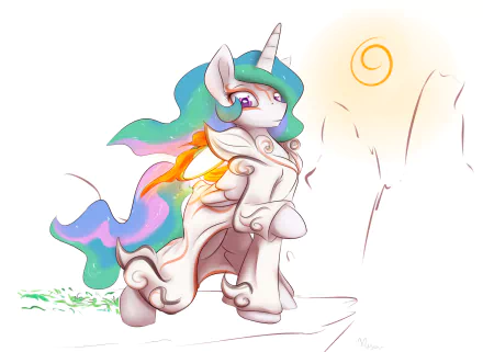 HD PC wallpaper featuring a crossover of Amaterasu from Ōkami and Princess Celestia from a TV show, blending mystical and regal elements in vibrant colors.