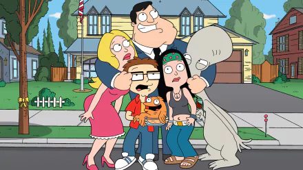 American Dad! family portrait (Stan, Francine, Steve, Hayley, Roger, Klaus) standing in front of their suburban house — HD PC desktop wallpaper/background.