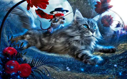 A whimsical CGI scene featuring a cat with striking blue eyes, leaping through a vibrant landscape, while a small character in a hat and cape rides atop, surrounded by colorful flowers.