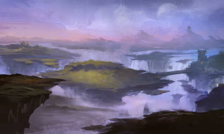 HD PC desktop wallpaper of Nagrand, Draenor from the video game World of Warcraft: misty floating plains and plateaus, cascading waterfalls and a purple-pink sky.