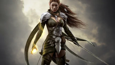 A fierce character from The Elder Scrolls Online stands confidently, showcasing intricate armor and wielding glowing magic, set against a dramatic sky in this HD desktop wallpaper.