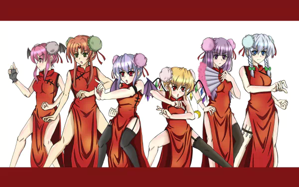 Seven Touhou characters — Patchouli Knowledge, Hong Meiling, Kasen Ibaraki, Sakuya Izayoi, Remilia and Flandre Scarlet, and Koakuma — in red Chinese dresses and thigh highs on a 2K wallpaper.