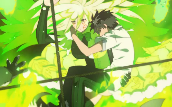 HD anime wallpaper featuring Honoka Takamiya and Ayaka Kagari from Witch Craft Works, surrounded by vibrant green and yellow magical energy.