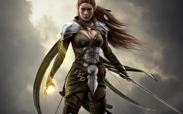 A fierce character from The Elder Scrolls Online stands confidently, showcasing intricate armor and wielding glowing magic, set against a dramatic sky in this HD desktop wallpaper.
