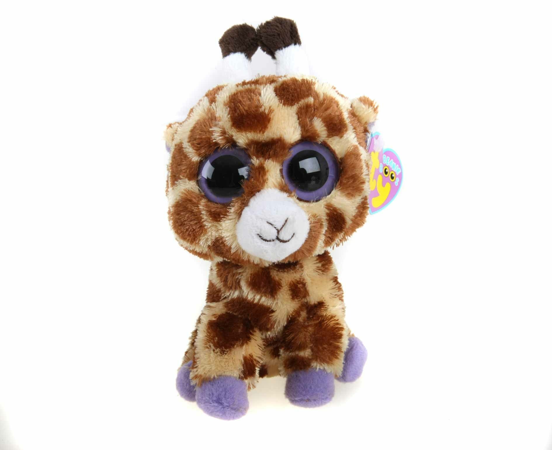 HD PC desktop wallpaper of a man-made Beanie Boos giraffe plush with big purple glitter eyes, brown spotted fur and purple feet on a white background.