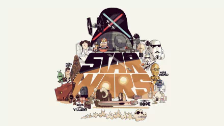 HD PC desktop wallpaper: stylized Star Wars Episode IV: A New Hope collage with Darth Vader helmet, Luke, Leia, R2‑D2, C‑3PO, stormtroopers, X‑wing and Death Star motifs.