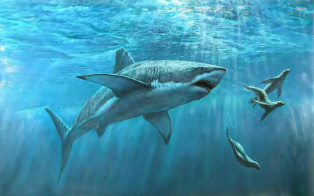 A majestic shark glides through clear blue waters, accompanied by playful seals, creating a stunning HD desktop wallpaper and background for animal lovers.