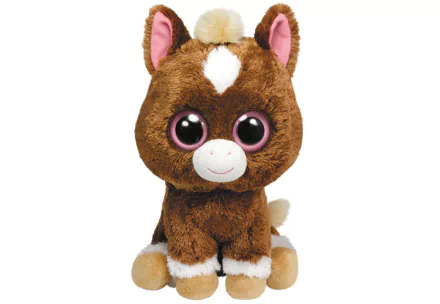 HD desktop wallpaper featuring a man-made Beanie Boos plush horse with large purple eyes and a white heart-shaped patch on its forehead.