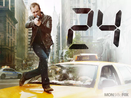 HD PC desktop wallpaper featuring a dynamic scene from the TV show 24 with a man aiming a gun atop a damaged taxi in an urban setting.