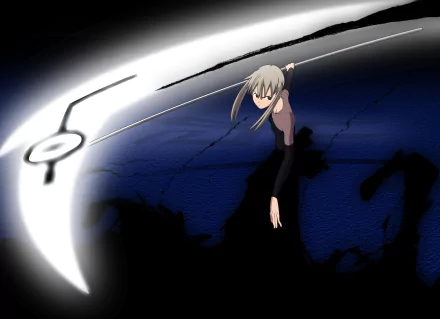 Maka Albarn from the anime Soul Eater wields a large scythe against a dark, abstract background in this HD desktop wallpaper, capturing her determined spirit and intense energy.
