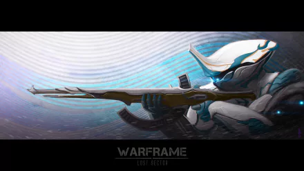 HD PC desktop wallpaper featuring a Warframe character aiming a sniper rifle, set against a futuristic, textured background from the video game Warframe.
