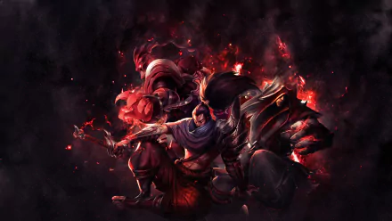 HD desktop wallpaper featuring Yasuo, Thresh, Lee Sin, and Talon from the video game League of Legends, set against a dark, fiery backdrop.