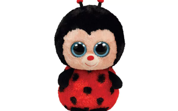 A HD PC desktop wallpaper featuring a man-made Beanie Boos ladybug plush with big blue eyes and a red and black spotted body.