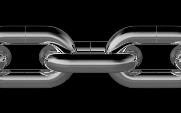 HD wallpaper of a sleek, metallic chain link against a black background. The image highlights the strength and precision of the man-made chain.