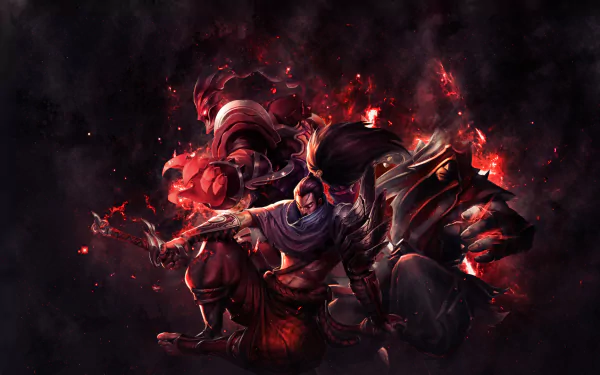 HD desktop wallpaper featuring Yasuo, Thresh, Lee Sin, and Talon from the video game League of Legends, set against a dark, fiery backdrop.