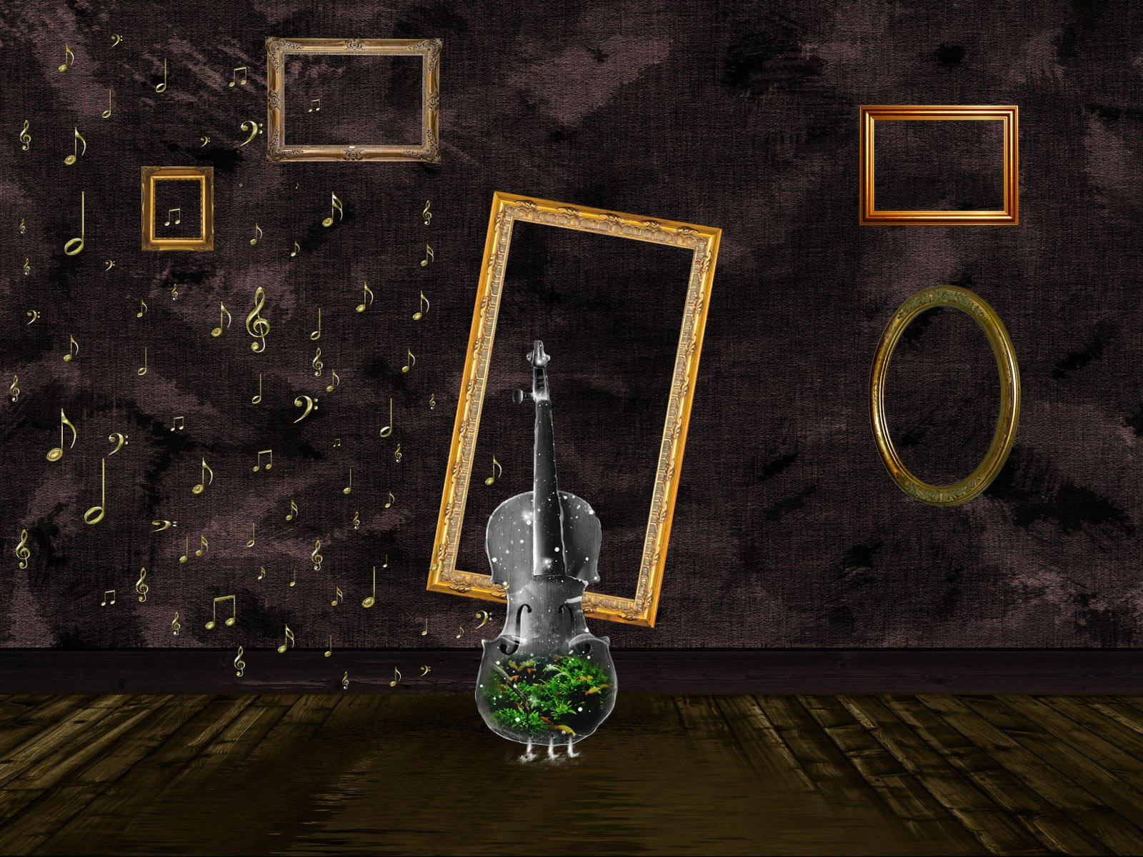 HD PC desktop wallpaper: surreal music-themed scene with a violin-shaped glass vase holding plants, floating golden frames and drifting musical notes on a dark wall.