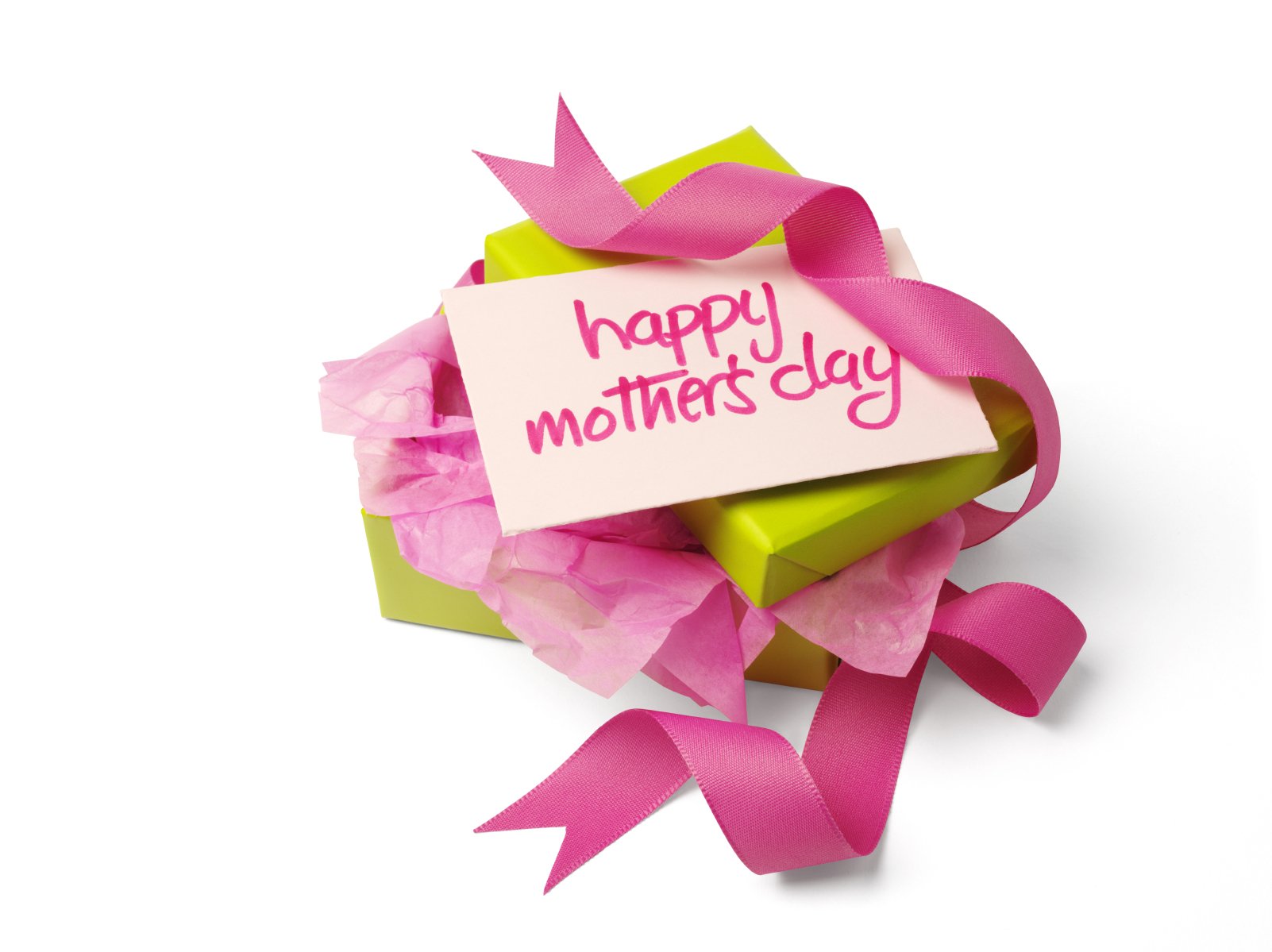 HD desktop wallpaper featuring a green gift box wrapped with pink ribbon and a card that reads happy mother's day, celebrating the Mother's Day holiday.