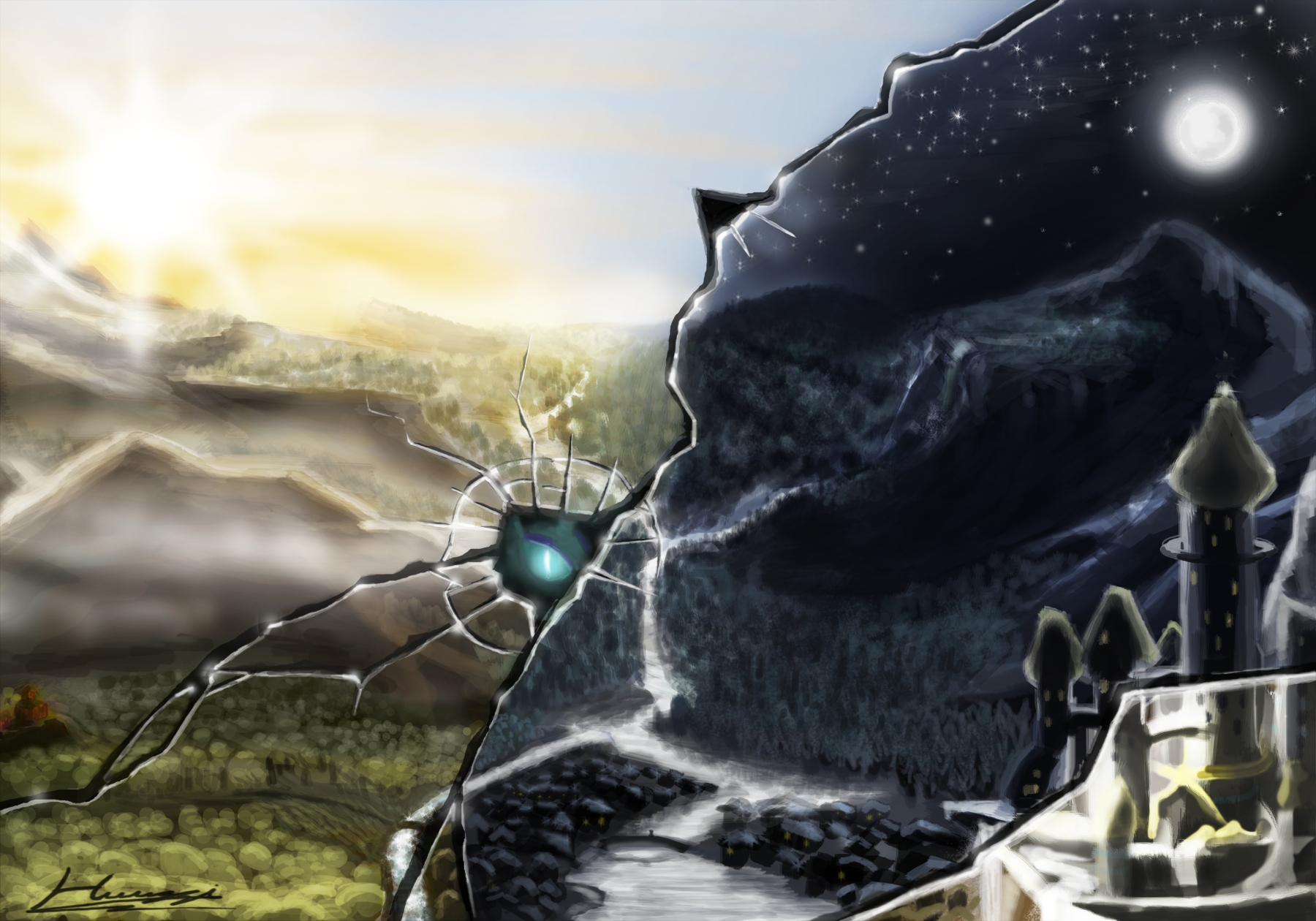 HD desktop wallpaper featuring a dramatic scene from the TV show My Little Pony: Friendship Is Magic, blending day and night landscapes with mystical elements.