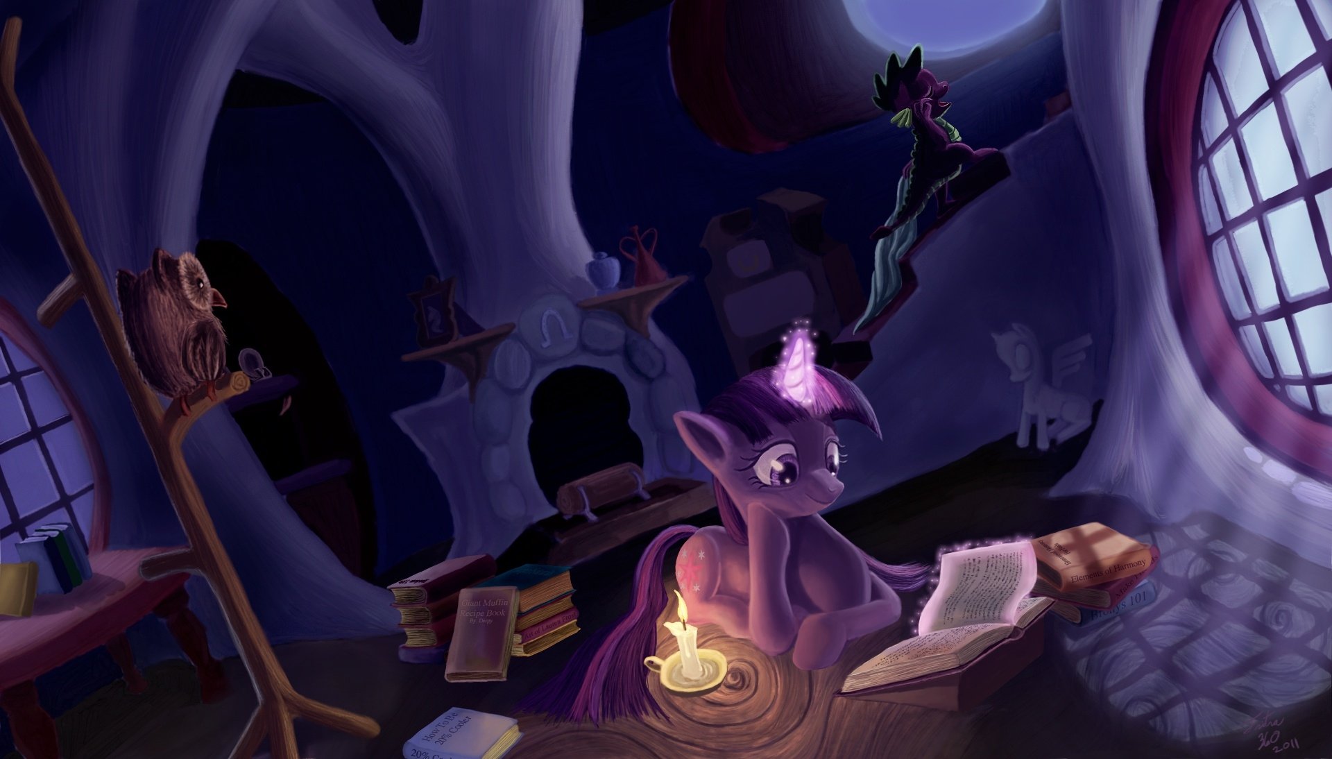 HD desktop wallpaper featuring Twilight Sparkle reading by candlelight inside Owlowiscious's treehouse from My Little Pony: Friendship Is Magic.