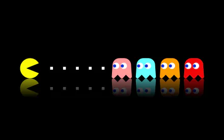 A vibrant HD desktop wallpaper featuring Pac-Man chasing colorful ghosts against a sleek black background, capturing the classic video game’s iconic characters in action.