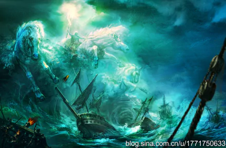 A stunning fantasy landscape featuring a knight amidst crashing waves and mythical horses, with ships battling the elements under a mesmerizing blue bokeh backdrop.