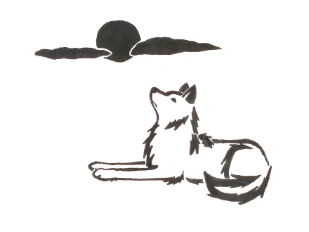 Minimalist black ink drawing of a wolf lying down, looking up at a moon partially covered by clouds, designed as an HD PC desktop wallpaper background.