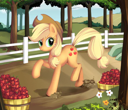 HD desktop wallpaper featuring Applejack from the TV show My Little Pony: Friendship Is Magic, standing in an orchard with apple baskets and a white fence in the background.