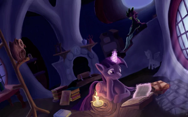 HD desktop wallpaper featuring Twilight Sparkle reading by candlelight inside Owlowiscious's treehouse from My Little Pony: Friendship Is Magic.