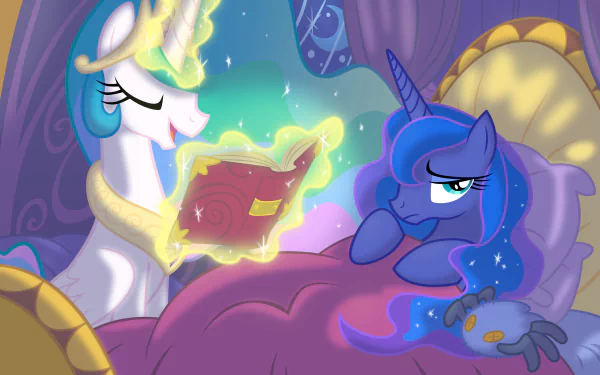 Princess Celestia reads a magical book to Princess Luna in a cozy setting, showcasing their bond in this HD My Little Pony: Friendship Is Magic wallpaper.