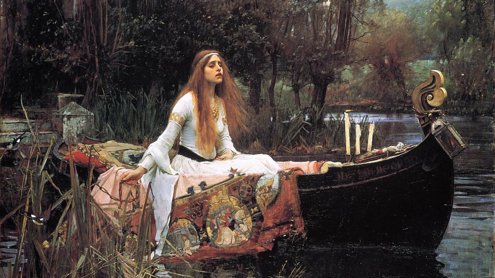 A serene painting of a woman in a white dress, sitting in a boat surrounded by lush nature, serves as an artistic and captivating HD desktop wallpaper and background.
