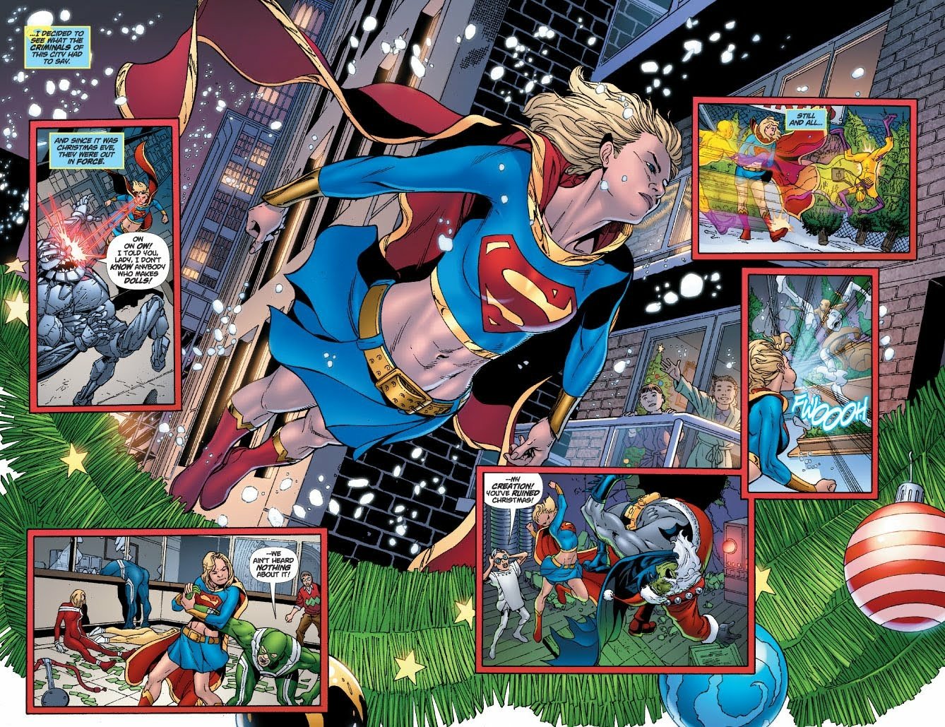 HD PC desktop wallpaper featuring Supergirl in dynamic comic scenes with vibrant action panels set against a nighttime city backdrop.