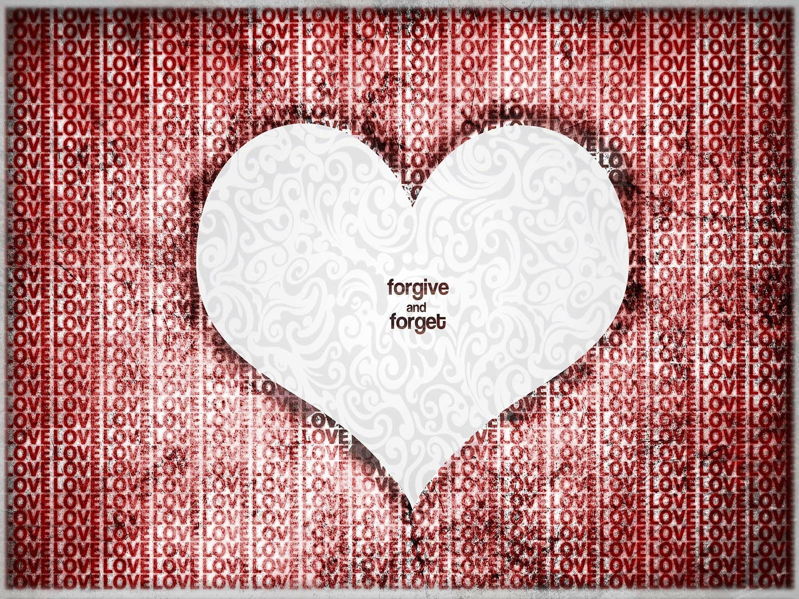A heart-shaped design with intricate patterns, featuring the phrase forgive and forget, set against a vibrant red background adorned with the word love. This artistic HD wallpaper captures feelings of love.