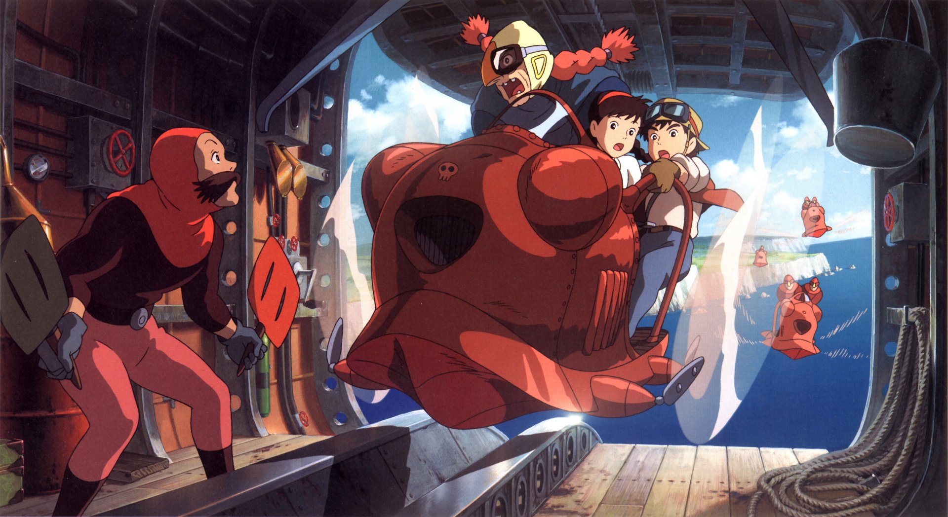 Anime scene from Laputa: Castle in the Sky — crew launching a red glider from a wooden airship bay; 2K Quad HD PC desktop wallpaper/background.