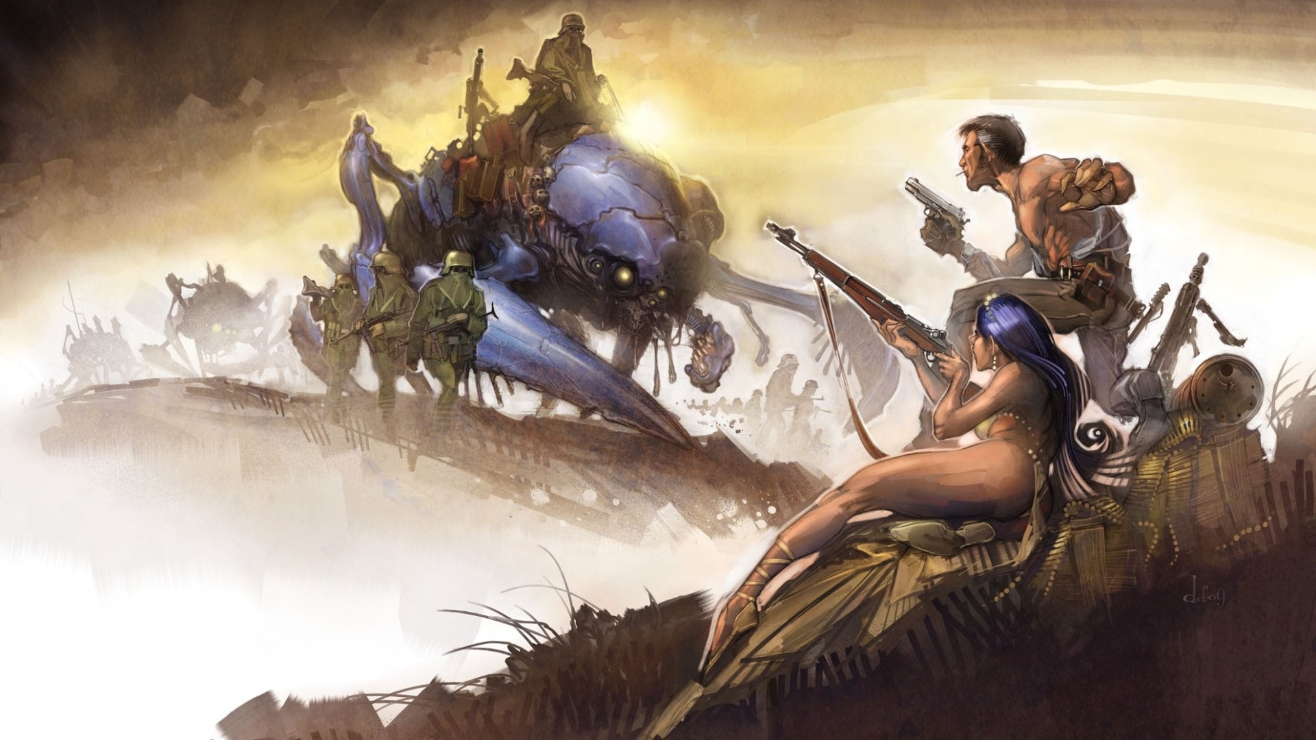 HD PC desktop wallpaper depicting a sci-fi warrior scene with armed fighters facing a large mechanical creature in a dramatic, foggy battlefield.