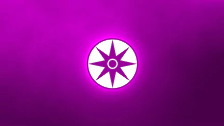 HD PC desktop wallpaper showing the Comic Star Sapphire Corps emblem: a white eight-pointed star inside a circle glowing against a vibrant magenta background.