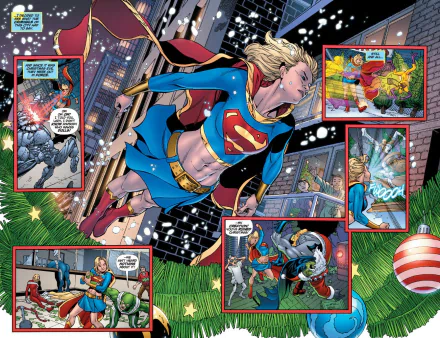 HD PC desktop wallpaper featuring Supergirl in dynamic comic scenes with vibrant action panels set against a nighttime city backdrop.