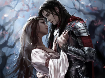 HD desktop wallpaper featuring a romantic fantasy scene with a knight in armor embracing a woman amidst a blossom-filled background.