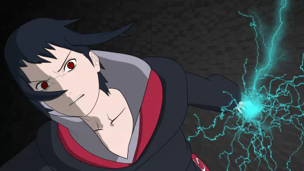 HD wallpaper featuring Sasuke Uchiha from Naruto, activating his Chidori technique with his Sharingan eyes, wearing Akatsuki cloak, and a determined expression with traces of blood on his face.