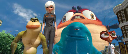 HD PC desktop wallpaper featuring B.O.B. and other characters from the movie Monsters vs. Aliens against a blue sky background.